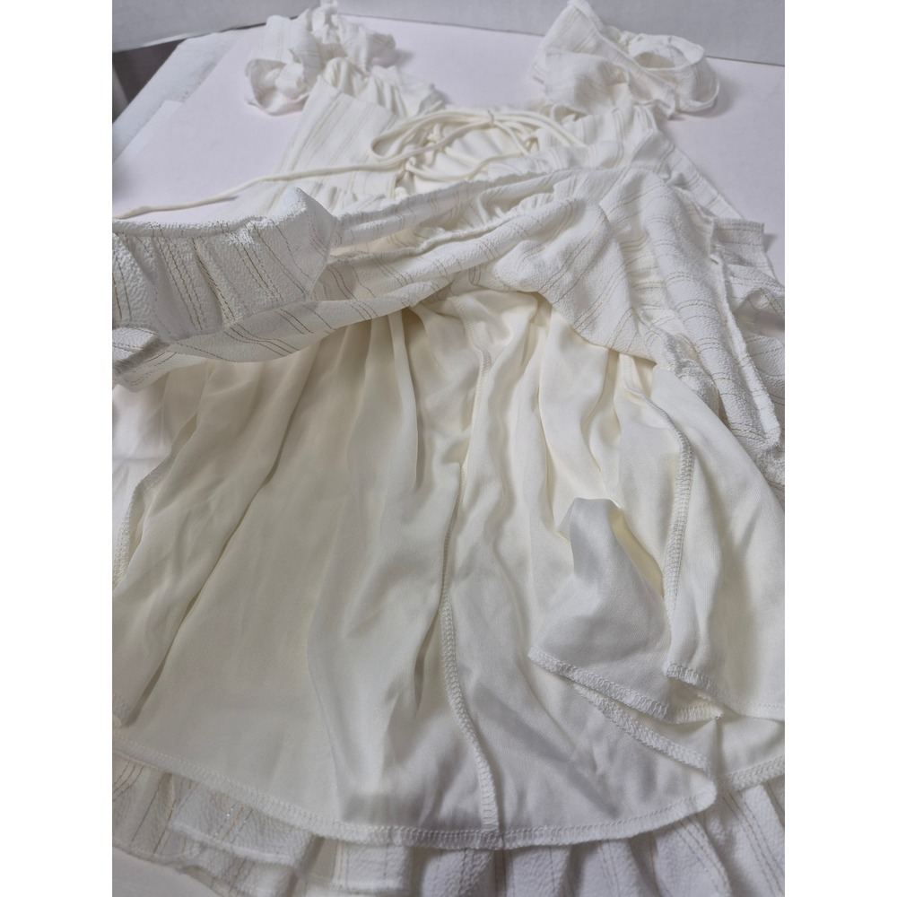 White Gold Pinstripe Ruffle Mini Dress Corset Lace Up Back Tie Strap Womens S - Picture 14 of 16